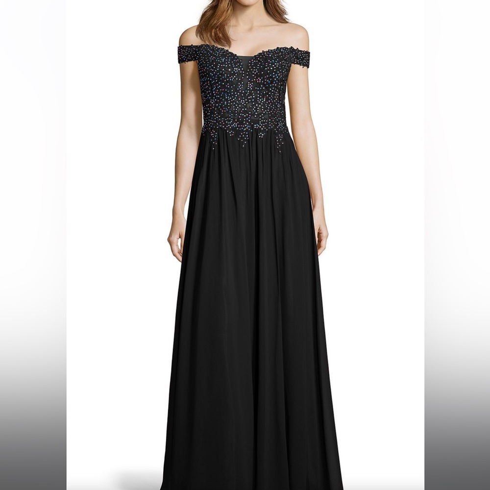 Off The Shoulder Beaded Appliqué Bodice Chiffon Gown